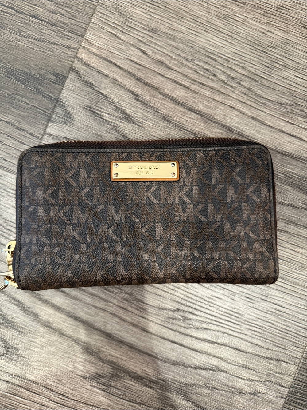Michael Kors Brown Monogram Zip Wallet with Gold Plate